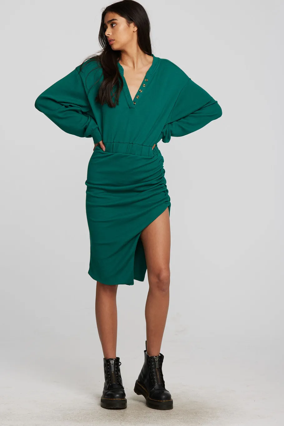 New Chaser Brand Recycled Vintage Rib Midi Dress With Shirring And Side Slit
