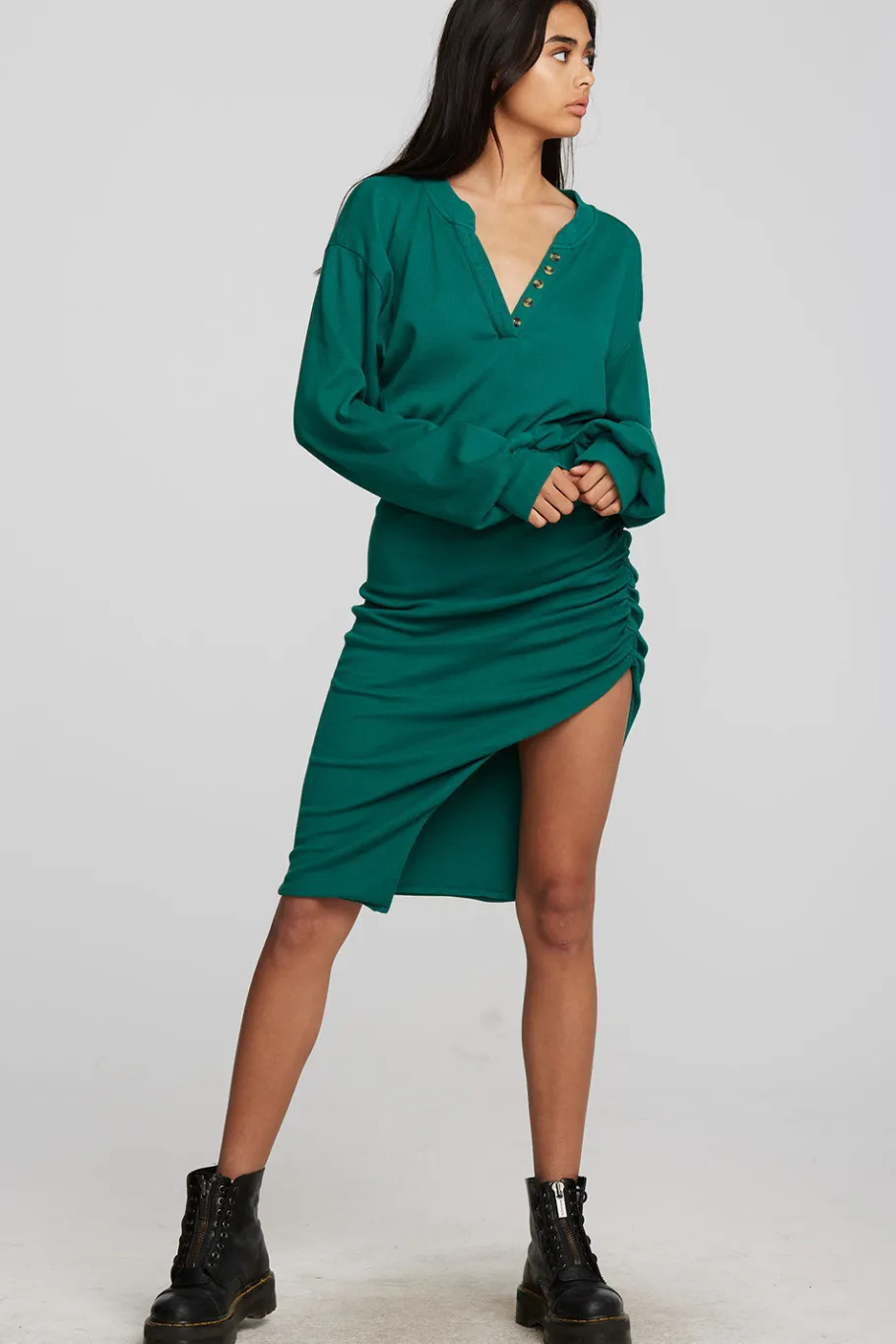 New Chaser Brand Recycled Vintage Rib Midi Dress With Shirring And Side Slit