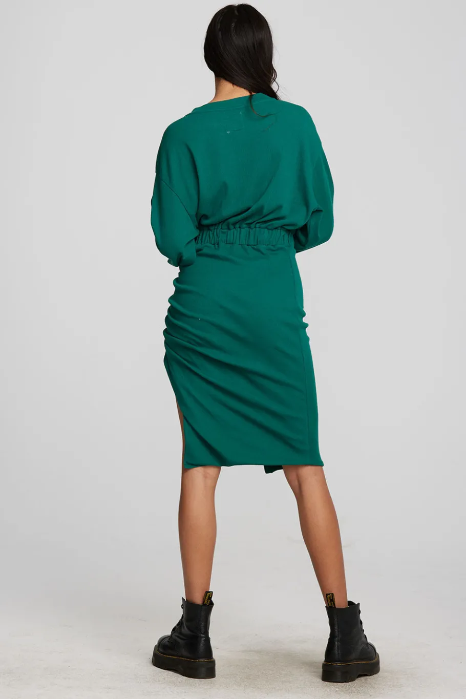 New Chaser Brand Recycled Vintage Rib Midi Dress With Shirring And Side Slit