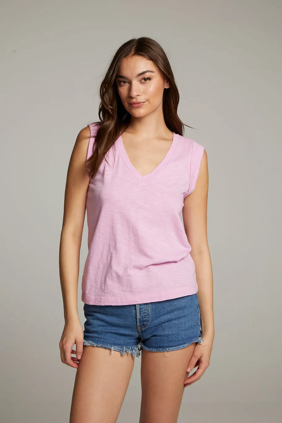 Fashion Chaser Brand Rolled Pastel Lavender Armhole V-neck Muscle Tank