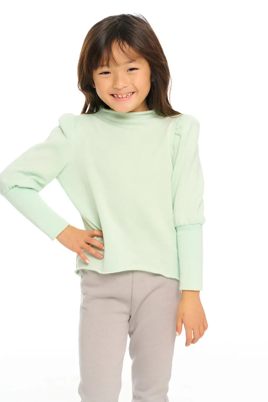 Store Chaser Brand Semi Cropped Hi Lo Mock Neck Puff Sleeve Pullover