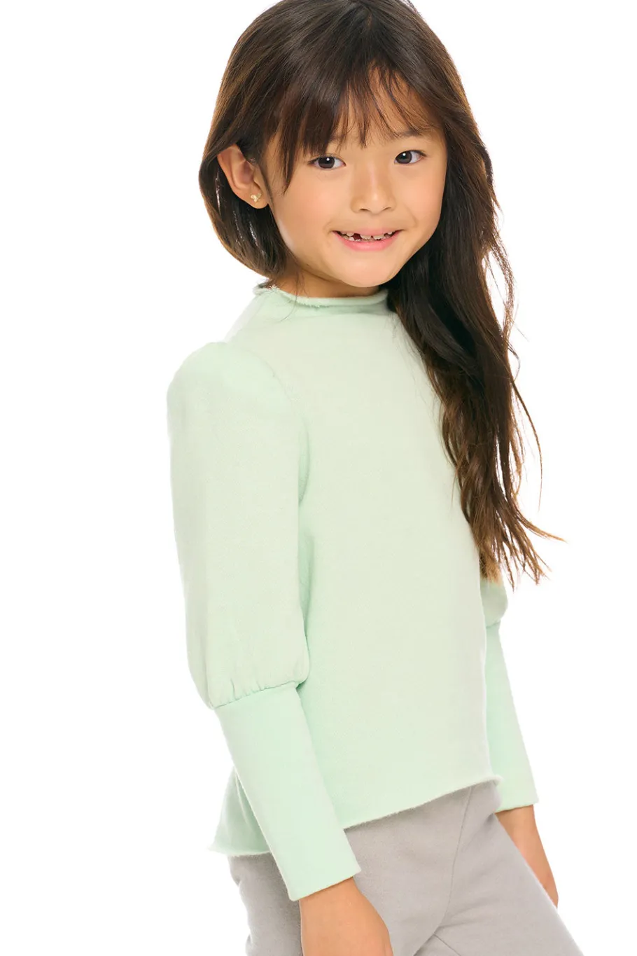 Store Chaser Brand Semi Cropped Hi Lo Mock Neck Puff Sleeve Pullover