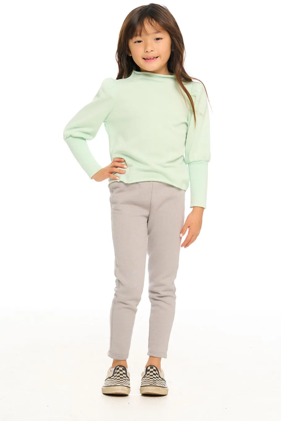 Store Chaser Brand Semi Cropped Hi Lo Mock Neck Puff Sleeve Pullover