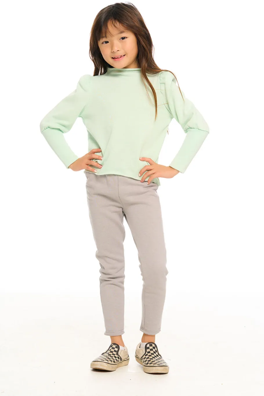 Store Chaser Brand Semi Cropped Hi Lo Mock Neck Puff Sleeve Pullover