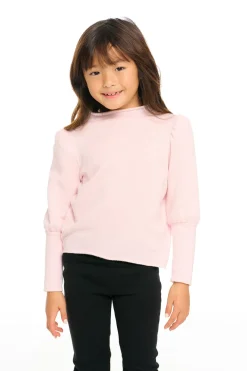 Store Chaser Brand Semi Cropped Hi Lo Mock Neck Puff Sleeve Pullover