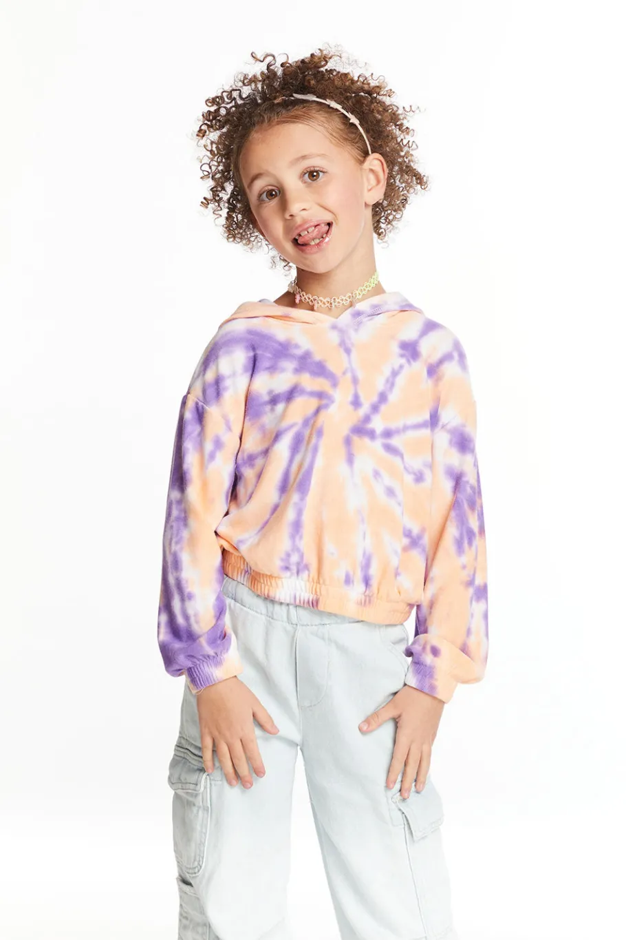 Cheap Chaser Brand Semi Cropped Peach Lavender Girls Shirred Hoodie Pullover