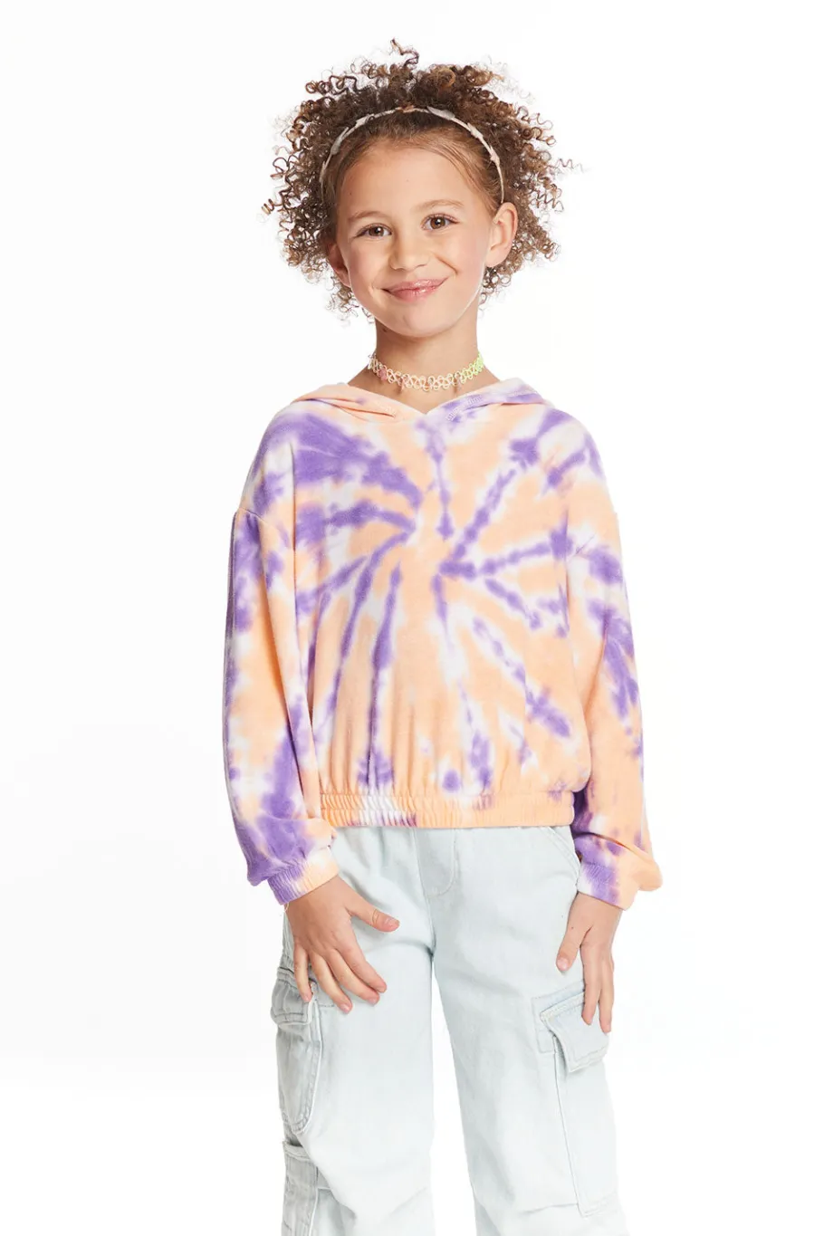 Cheap Chaser Brand Semi Cropped Peach Lavender Girls Shirred Hoodie Pullover