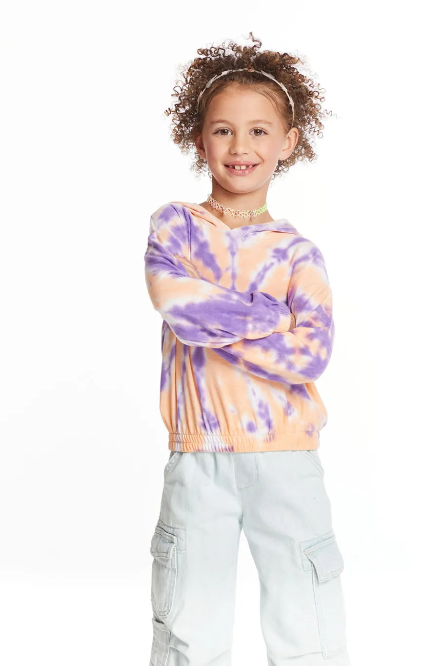 Cheap Chaser Brand Semi Cropped Peach Lavender Girls Shirred Hoodie Pullover