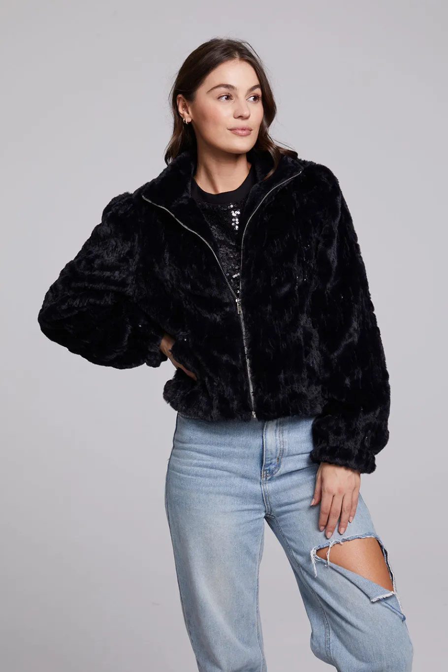 Hot Chaser Brand Sequin Faux Fur Puff Sleeve Jacket