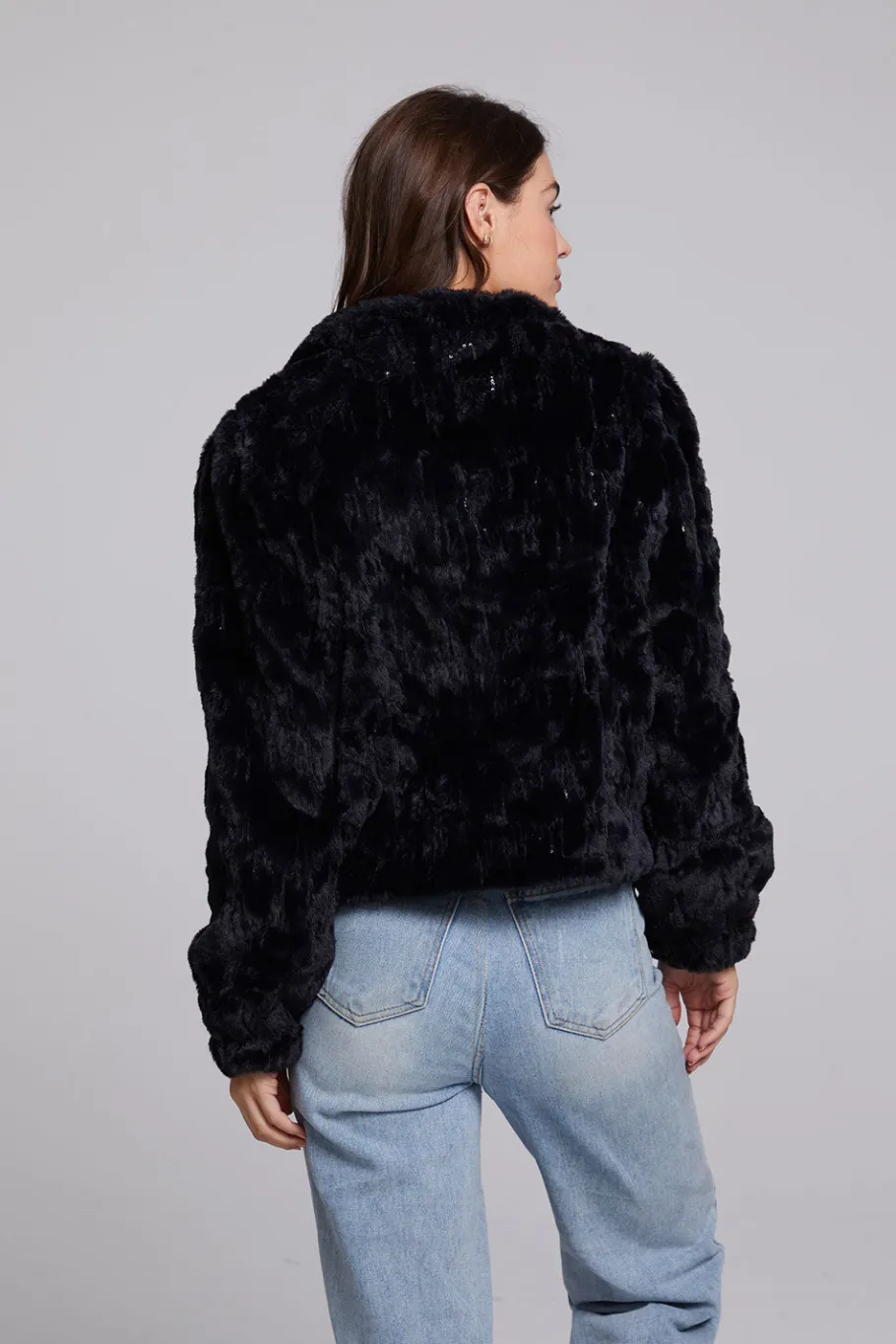 Hot Chaser Brand Sequin Faux Fur Puff Sleeve Jacket