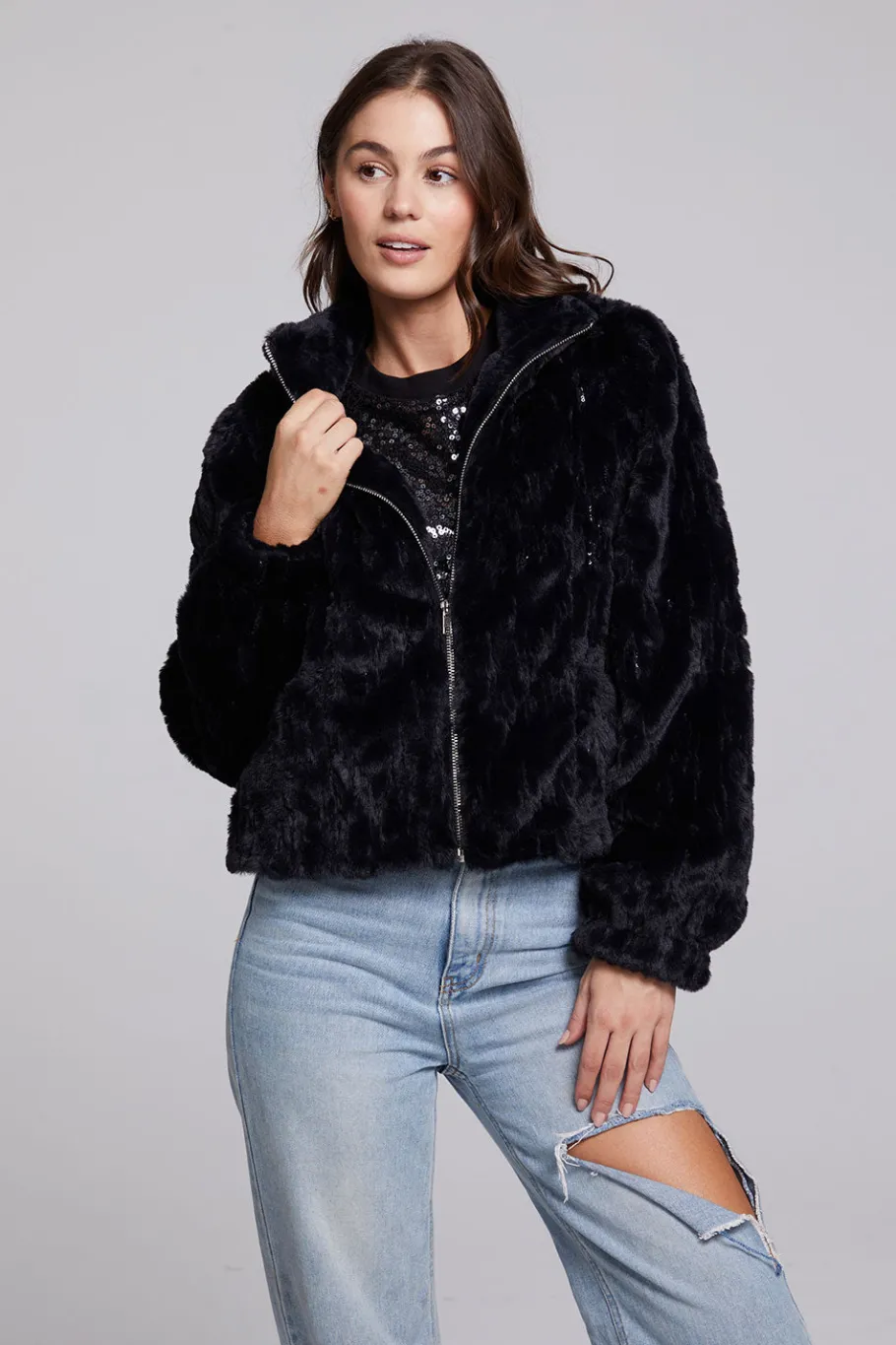 Hot Chaser Brand Sequin Faux Fur Puff Sleeve Jacket