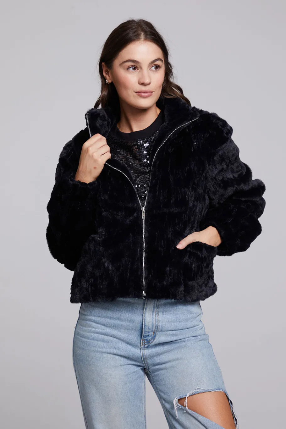 Hot Chaser Brand Sequin Faux Fur Puff Sleeve Jacket