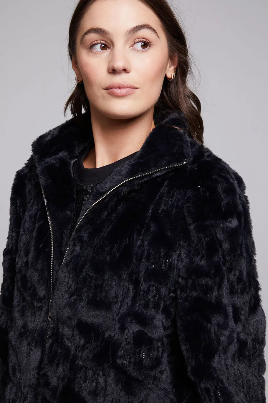 Hot Chaser Brand Sequin Faux Fur Puff Sleeve Jacket