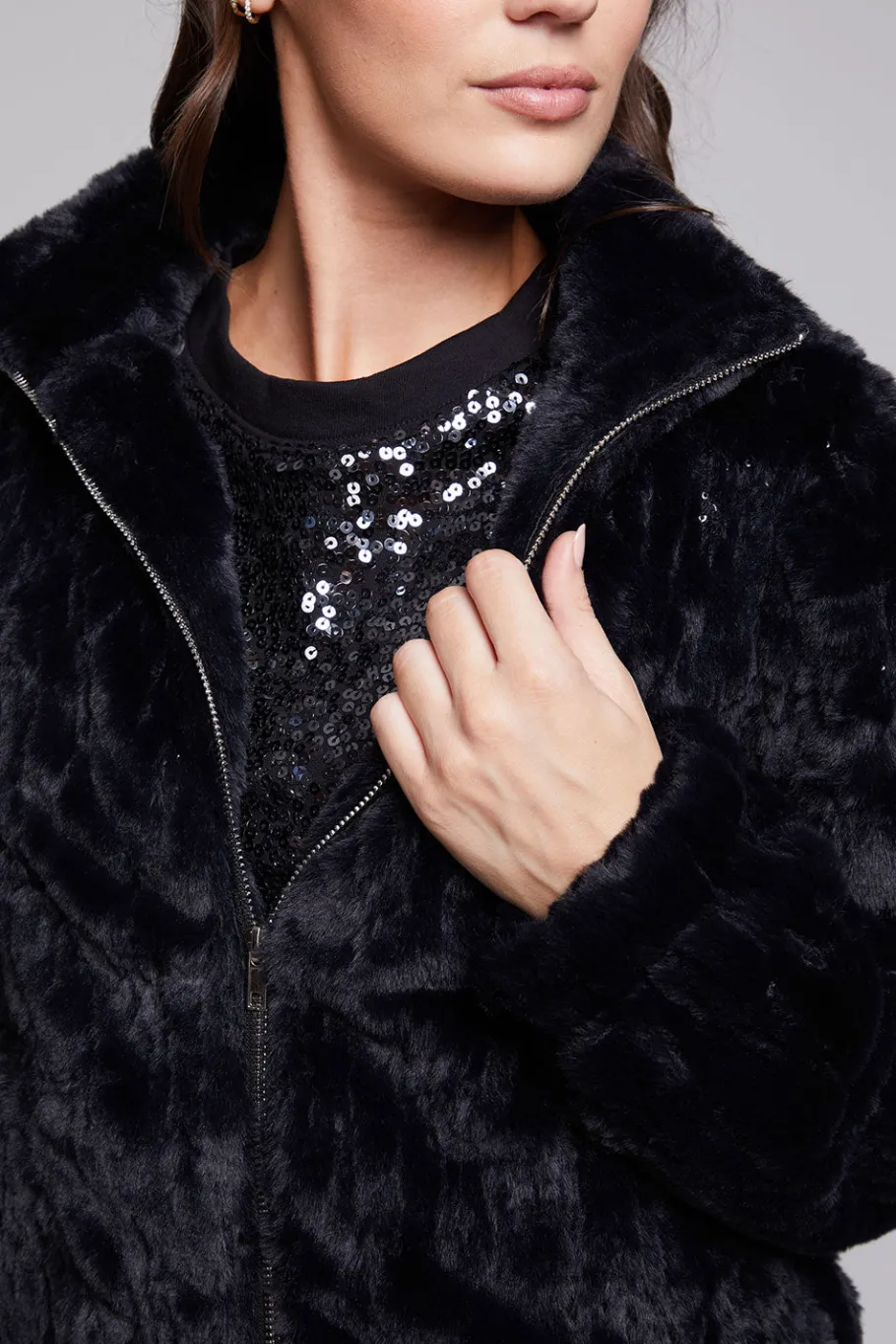 Hot Chaser Brand Sequin Faux Fur Puff Sleeve Jacket