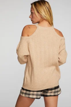 Cheap Chaser Brand Sequin Knit Cold Shoulder Sweater