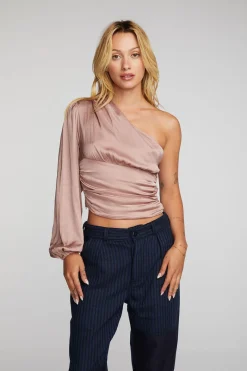 Online Chaser Brand Stretch Silky Woven Cold Shoulder Blouse