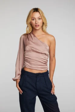 Online Chaser Brand Stretch Silky Woven Cold Shoulder Blouse