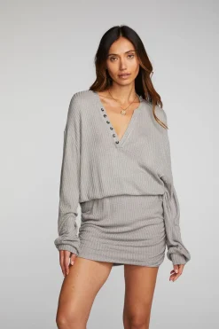 New Chaser Brand Thermal Waffle Mini Dress With Shirring