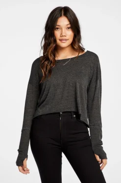 Outlet Chaser Brand Triblend Jersey Cropped Open Neck Long Sleeve Thumbhole Tee