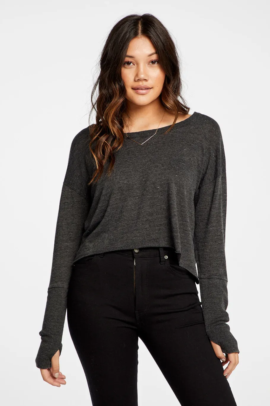 Outlet Chaser Brand Triblend Jersey Cropped Open Neck Long Sleeve Thumbhole Tee