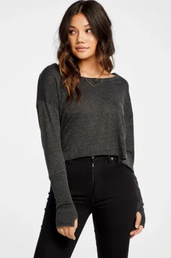 Outlet Chaser Brand Triblend Jersey Cropped Open Neck Long Sleeve Thumbhole Tee