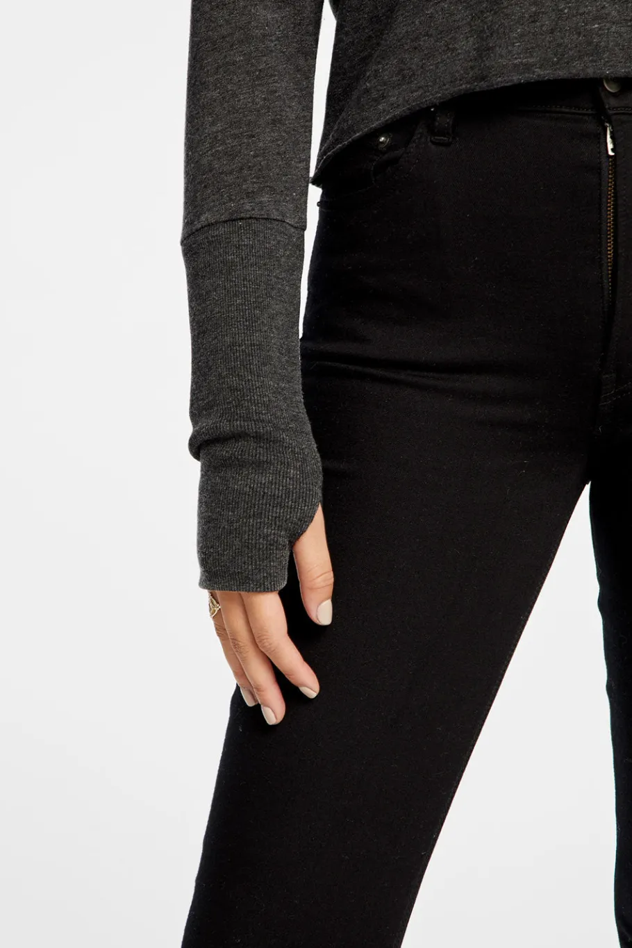 Outlet Chaser Brand Triblend Jersey Cropped Open Neck Long Sleeve Thumbhole Tee