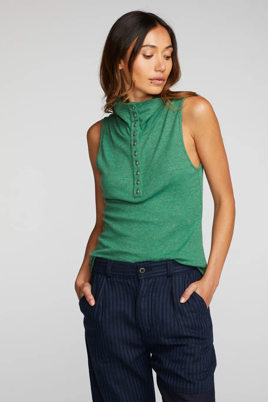Fashion Chaser Brand Triblend Rib Knit Button Down Tank