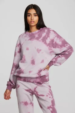 New Chaser Brand Zuma Cotton Terry Crewneck Pullover With Distressed Detail Long Sleeve