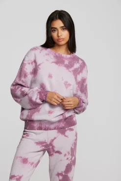 New Chaser Brand Zuma Cotton Terry Crewneck Pullover With Distressed Detail Long Sleeve